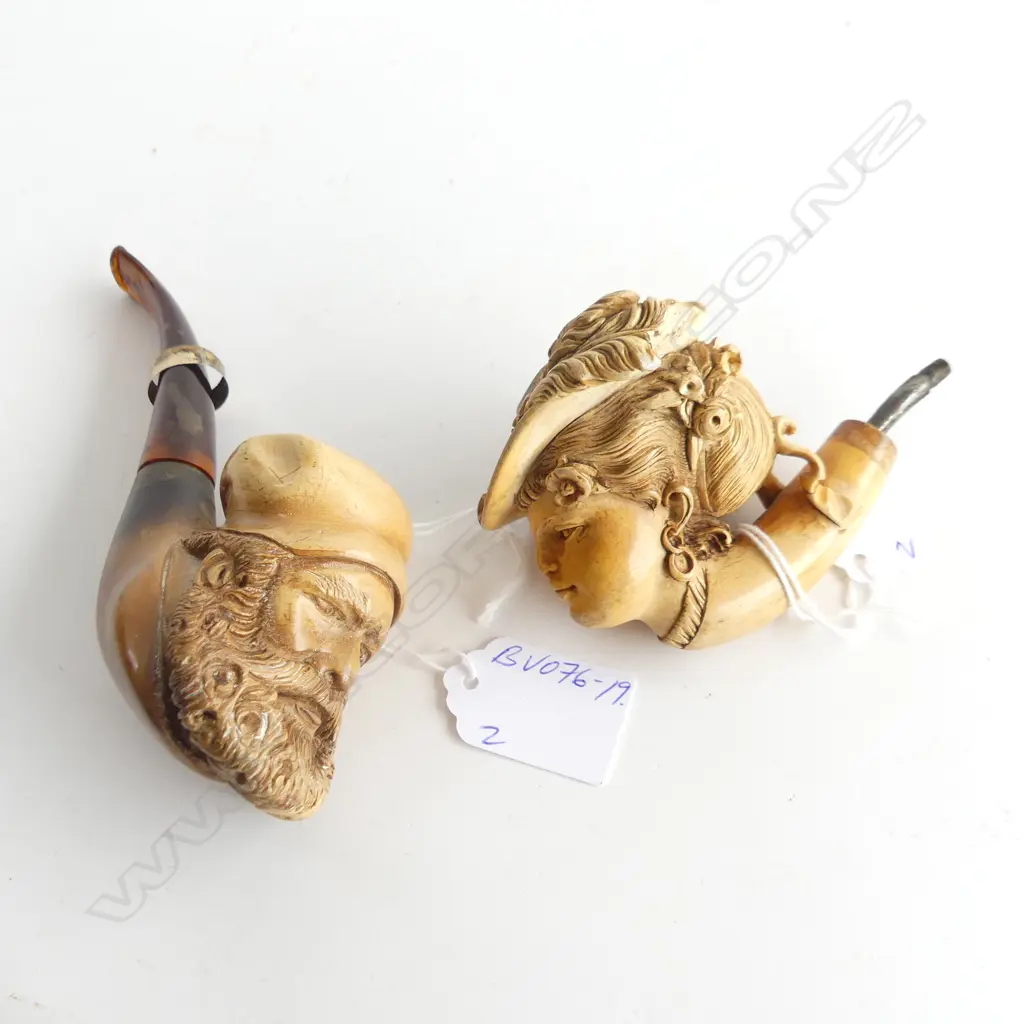 2 ANTIQUE MEERSCHAUM PIPES. Bearded gent & woman w fancy hat A.F Image 1++