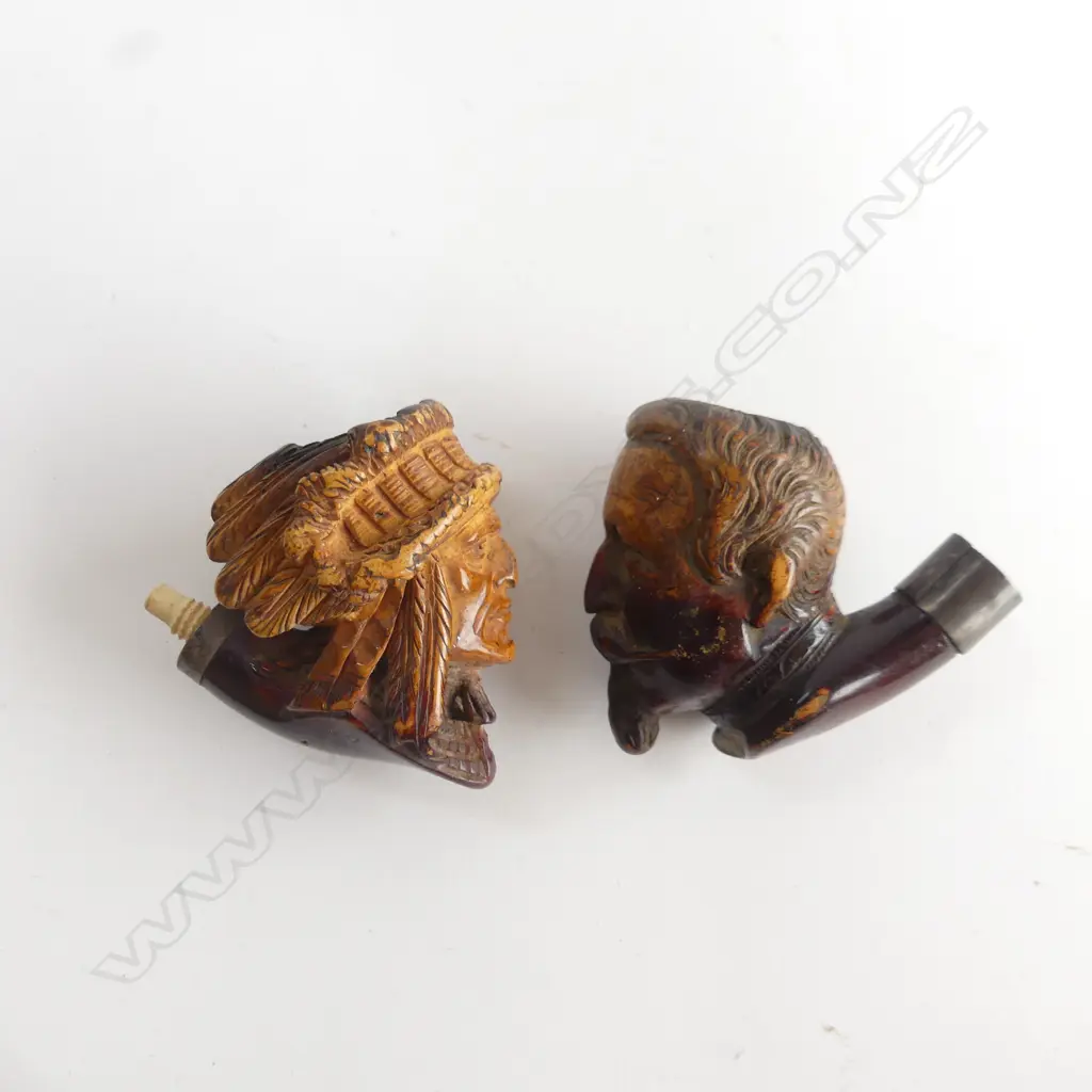 2 ANTIQUE MEERSCHAUM PIPES. American Indian & bearded gent both A.F Image 1++