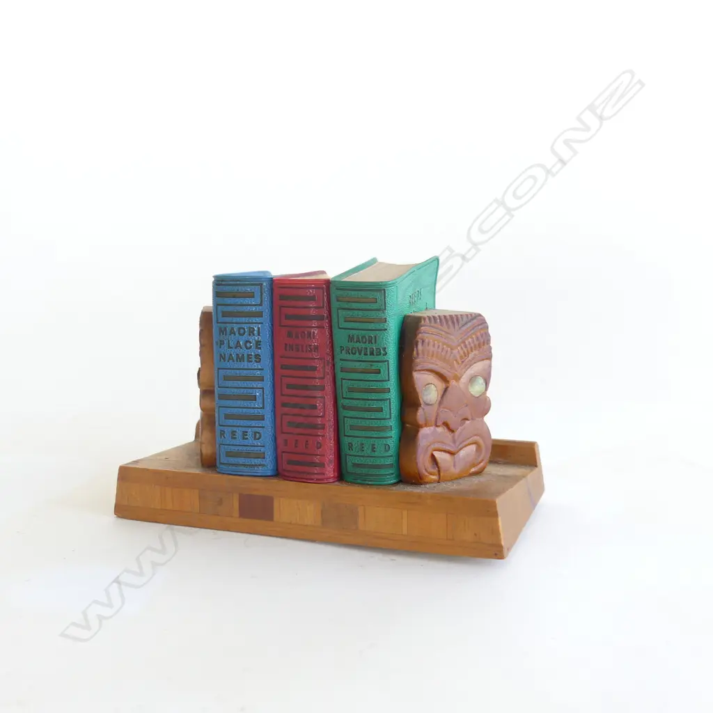SET OF 3 MINIATURE REED MAORI BOOKS; PLACE NAMES, MAORI / ENGLISH, PROVERBS + INLAID WOODEN STAND W.110mm Image 1++