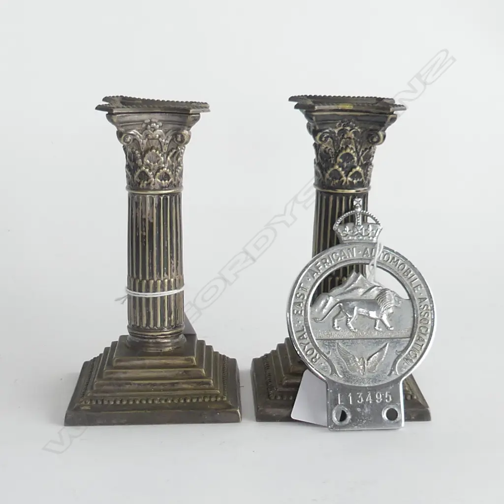 PR SILVER PLATE CORINTHIAN COLUMN CANDLESTICKS + AA BADGE East Africa Image 1++