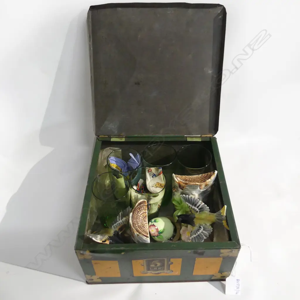 BOX LOT TEA TIN, GLASSES, BOOKENDS ETC Image 1++