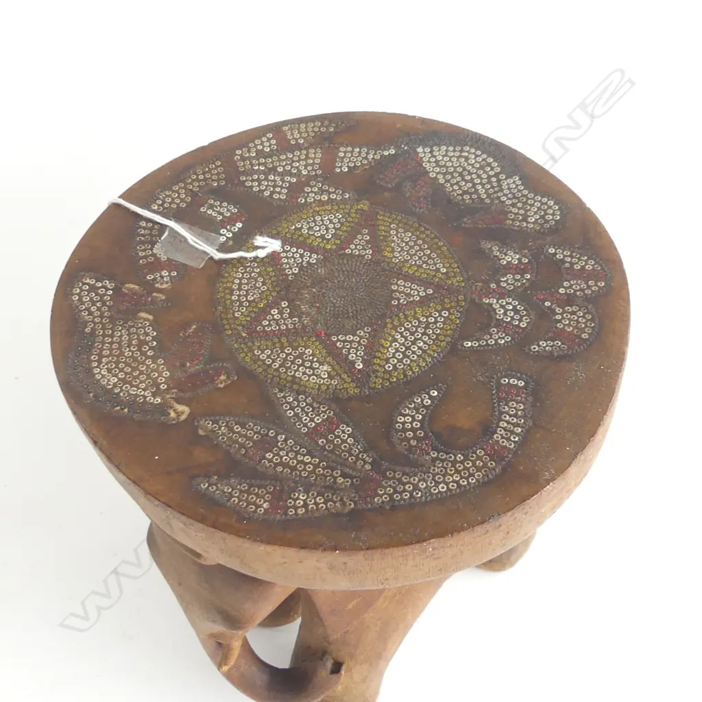 OLD KENYAN ELEPHANT FIGURED STOOL W BEAD INSERT TOP Image 1++