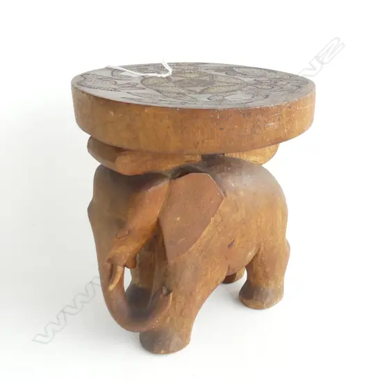 OLD KENYAN ELEPHANT FIGURED STOOL W BEAD INSERT TOP