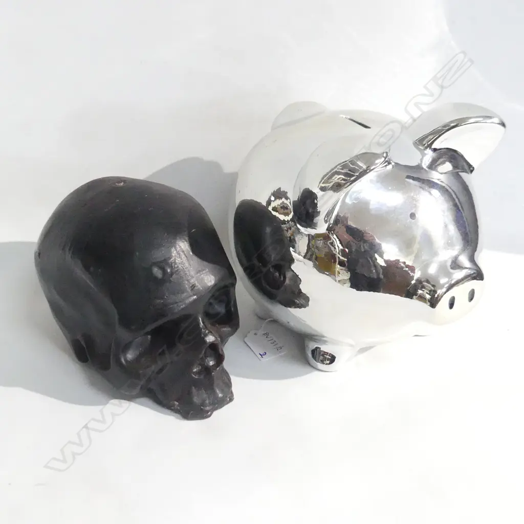 SILVER CERAMIC PIGGY BANK H.180mm + SKULL CANDLE Image 1++