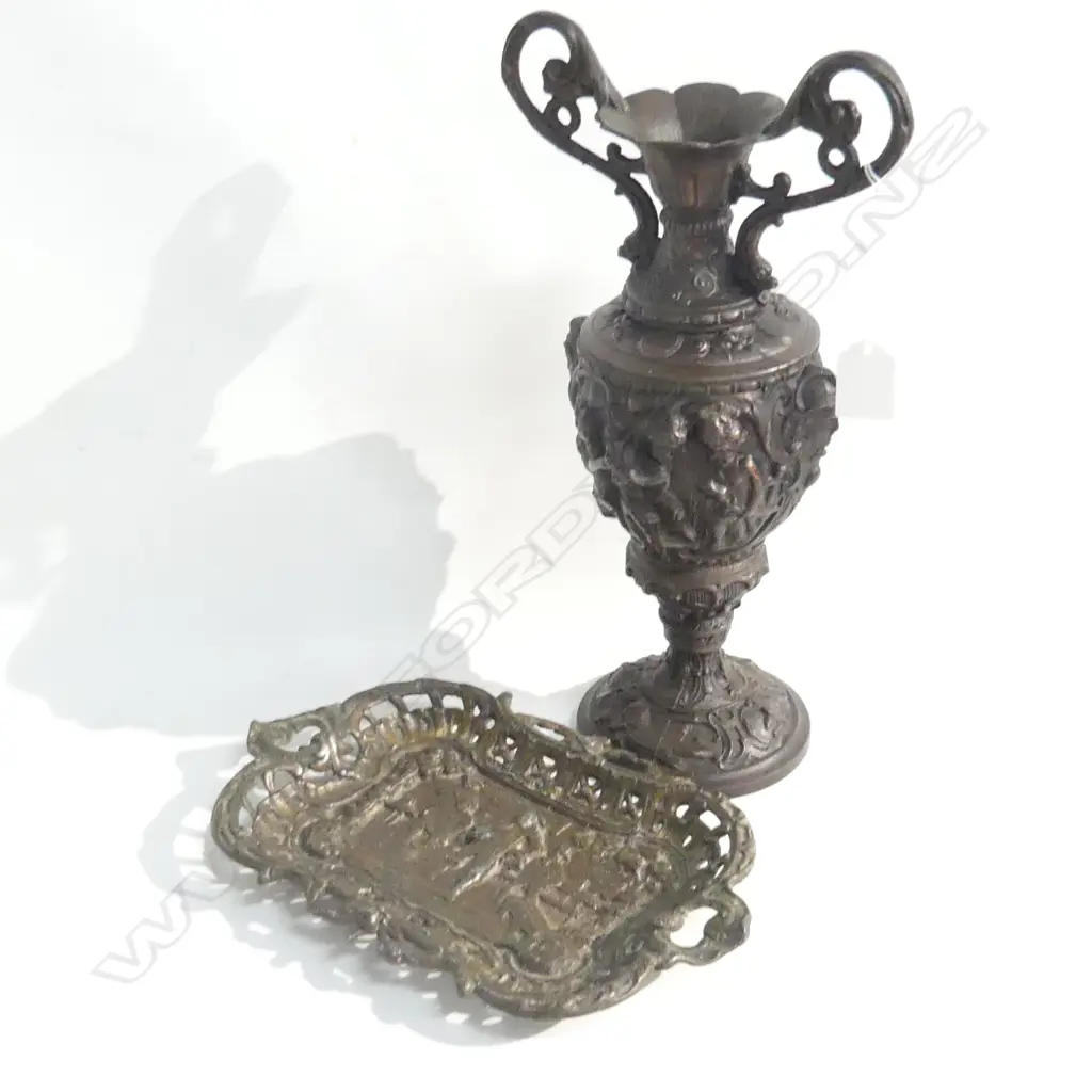 VINTAGE SPELTER ORNATE VASE H.340mm & TRAY W.275mm Image 1++