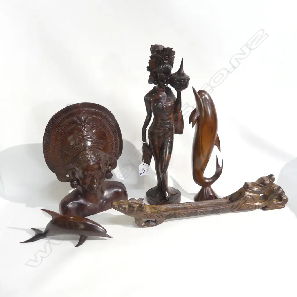 5 CARVED WOODEN ORIENTAL PCES; FIGURE H.380mm, BUST, 2 DOLPHINS, STAND Image 1++