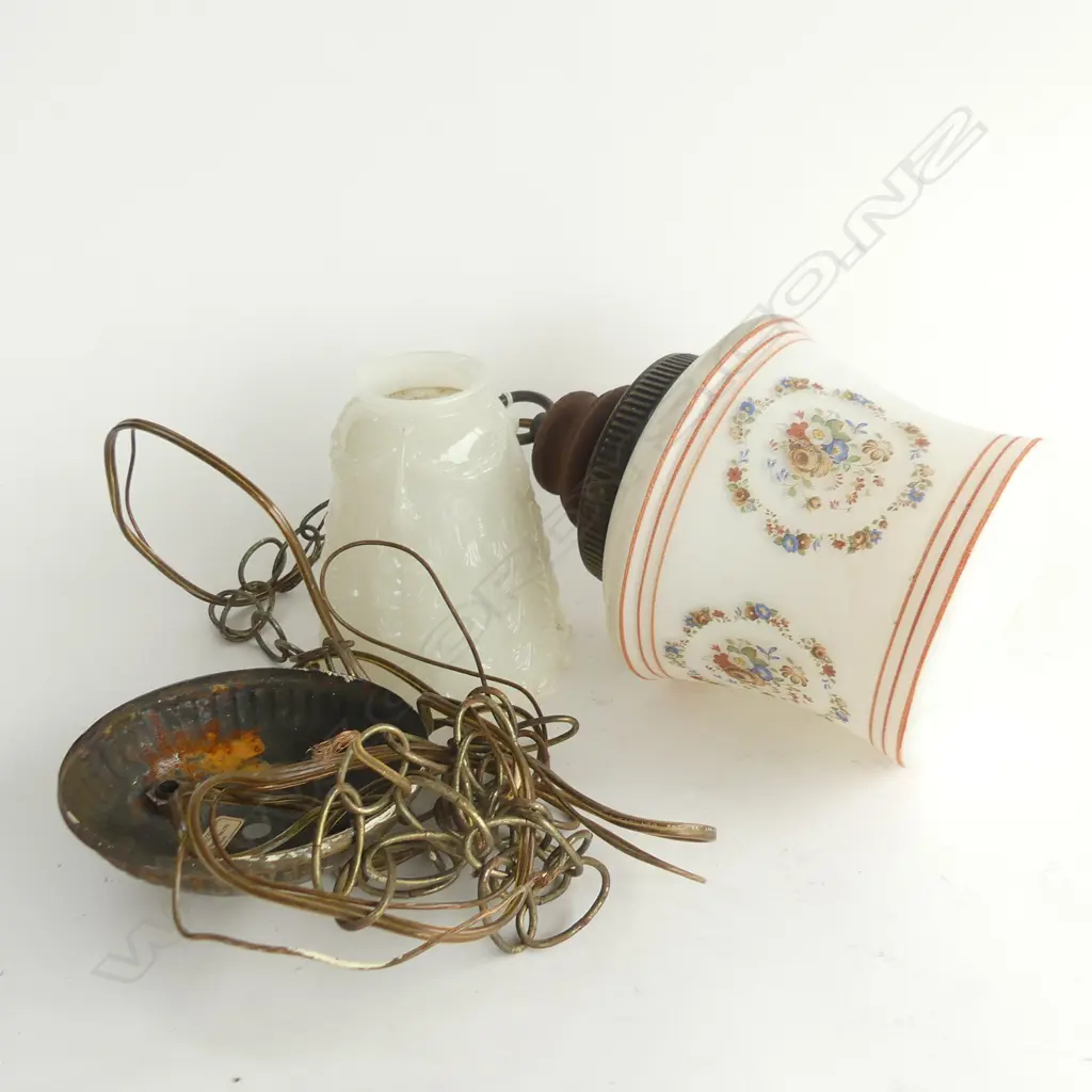 2 LIGHTSHADES ONE MILK GLASS OTHER WITH TRANSFER DECORATION & FITTINGS Image 1++