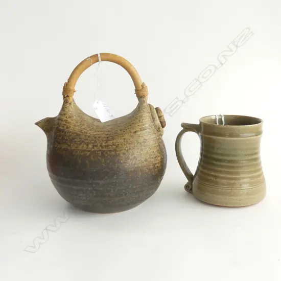 ST IVES POTTERY MUG & NZ STUDIO POTTERY TEAPOT W BAMBOO HANDLE