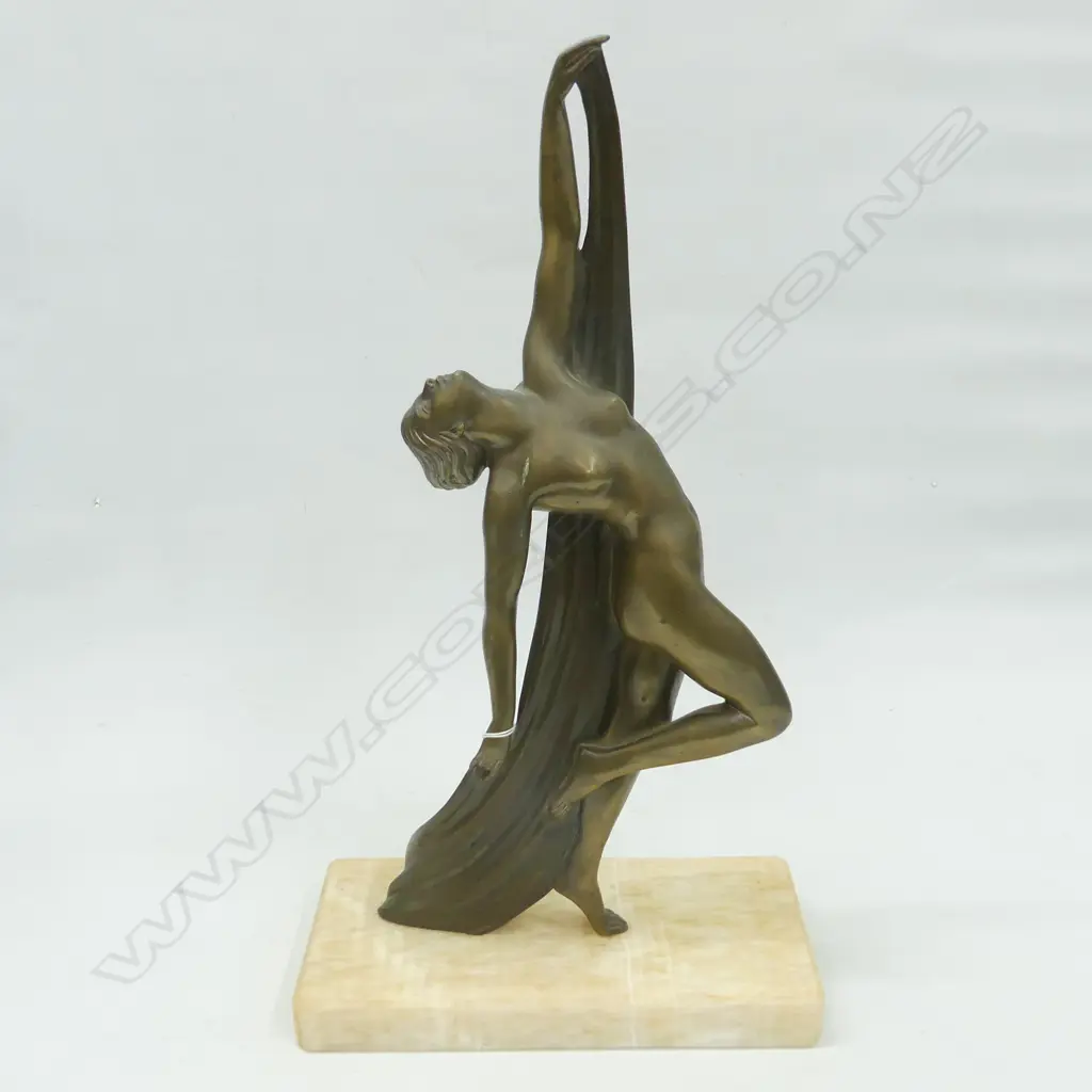 BRONZE DECO FIGURINE IN DANCING POSE ARM OUTSTRETCHED WITH DRAPERY H.440mm  Image 1++
