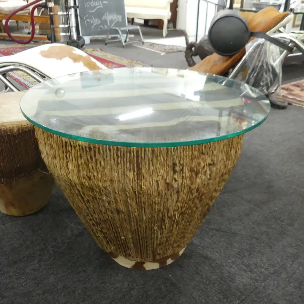 LGE OLD ZEBRA SKIN DRUM W GLASS COFFEE TABLE TOP Image 1++