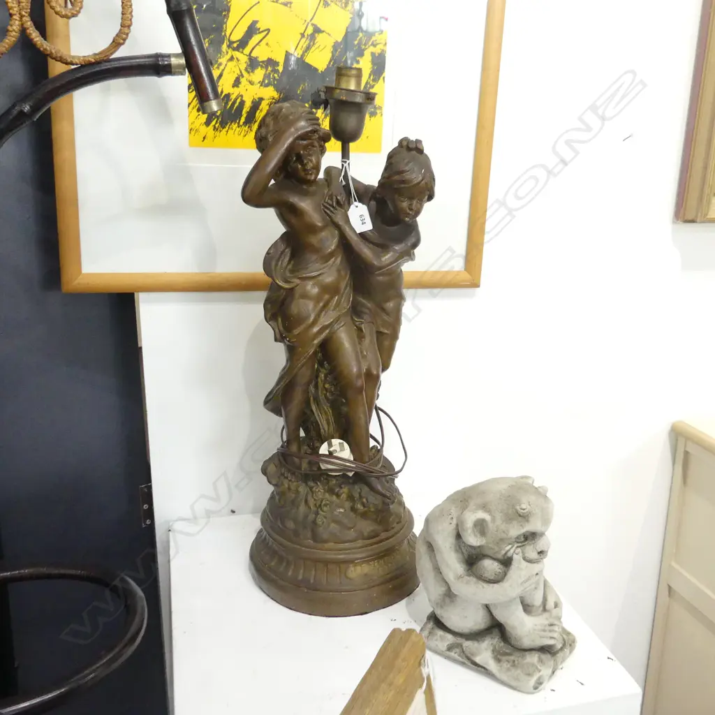 LGE EARLY 20thC PLASTER FIGURAL LAMP DEPICTS TWO CHILDREN 'LA SENTIER DE PURDUE' AFTER MORREAU - SOME DAMAGE H.680mm Image 1++