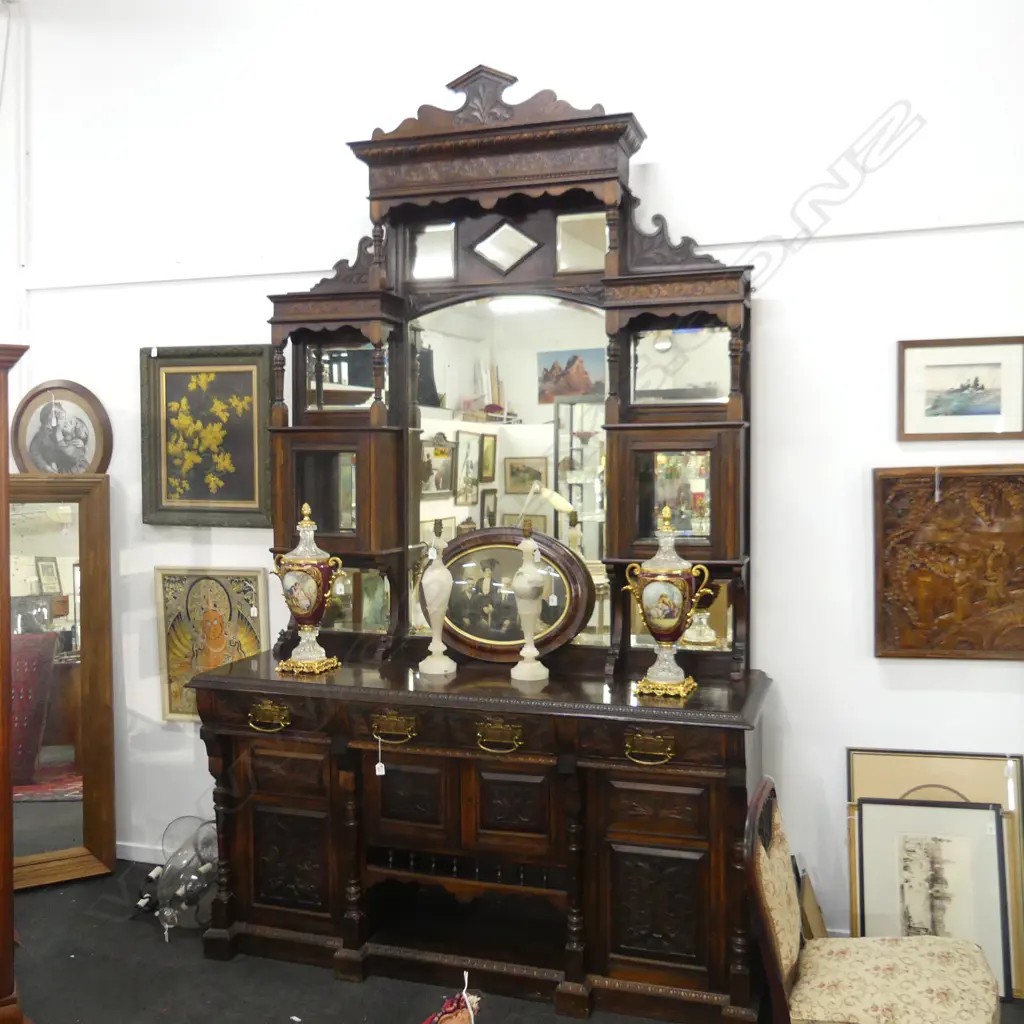 LATE 19THC NZ COLONIAL RIMU & KAURI MIRROR BACK SIDEBOARD, 1800 X 620 X 2950 mm Image 1++