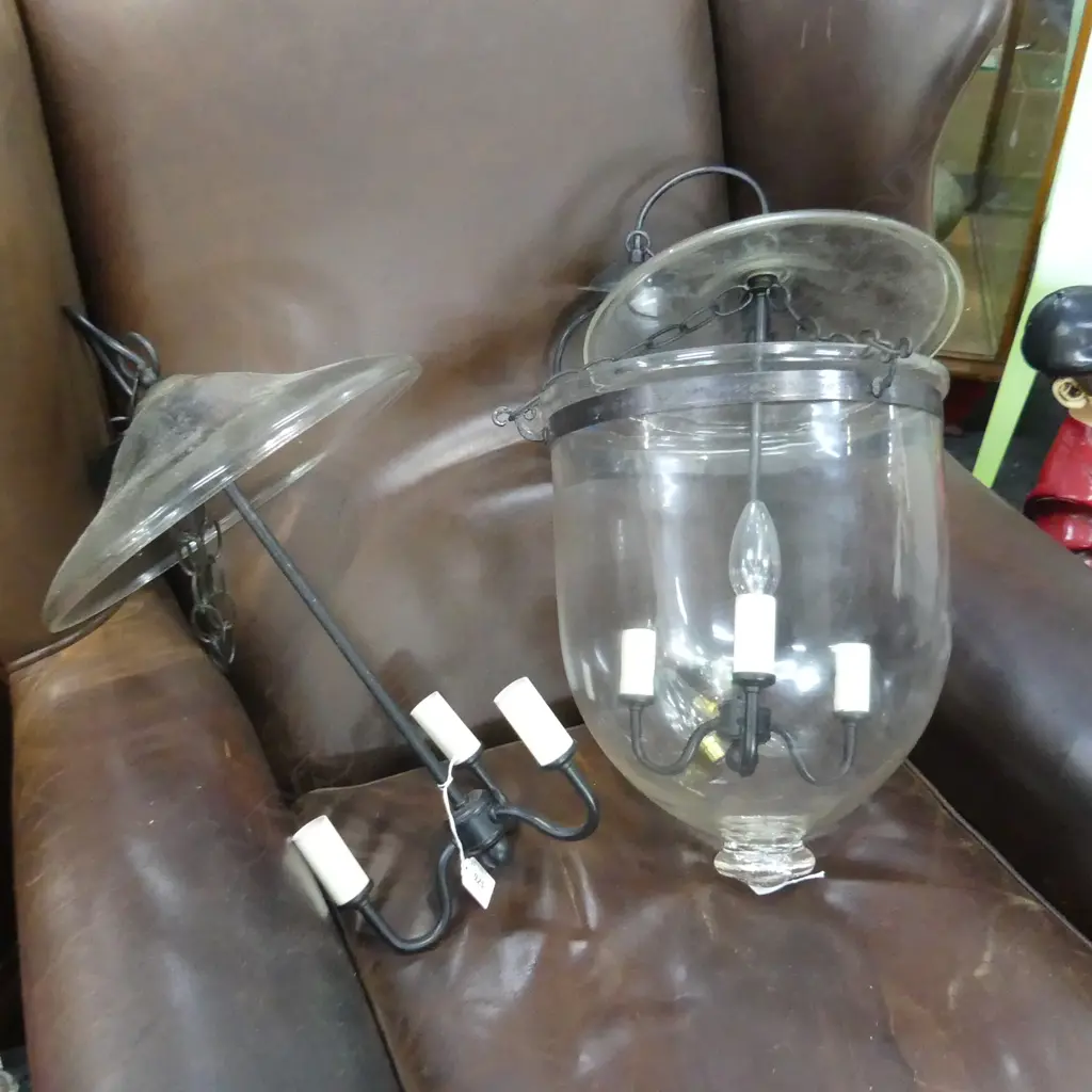 LARGE HAND BLOWN GLASS LANTERN PENDANT EX. CC INTERIORS + ADDITIONAL 3 ARM LIGHT FITTING Image 1++