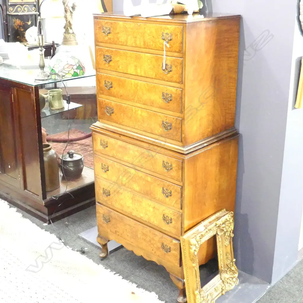 CHEST ON CHEST WALNUT FRONTED CHEST OF DRAWERS; L 260 H 1410MM A/F Image 1++