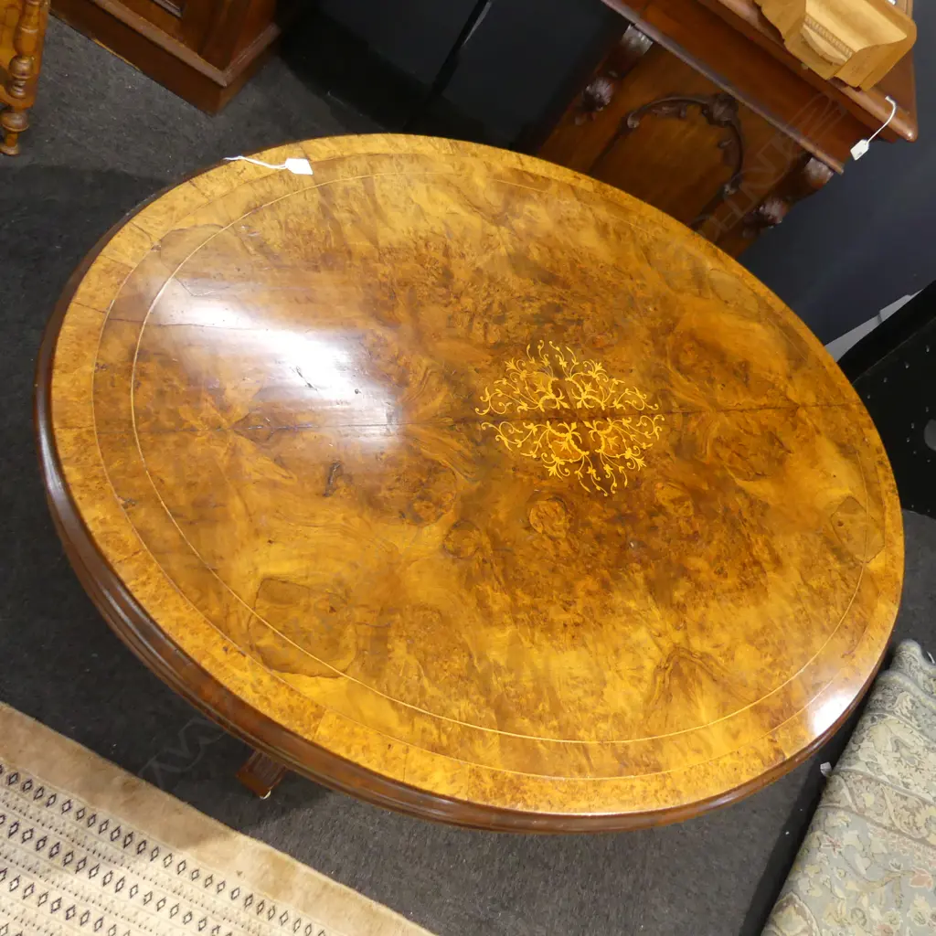 EARLY 20thC OVAL LOO TABLE w. INLAY & BURR VENEER 1340x1030mm Image 1++