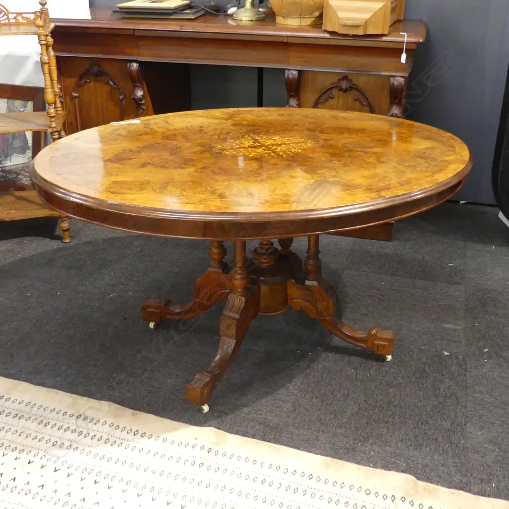 EARLY 20thC OVAL LOO TABLE w. INLAY & BURR VENEER 1340x1030mm Image 1++