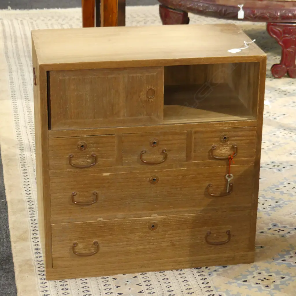 1930’S PAULOWNIA BEDSIDE CABINET W COPPER HANDLES & KEY  H64 Image 1++