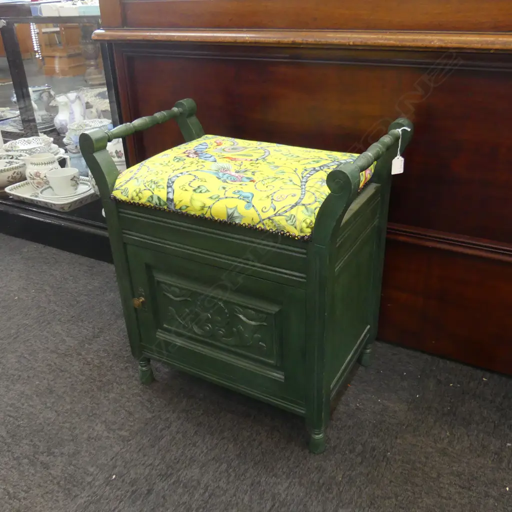 GREEN PAINTED PIANO STOOL W.570mm Image 1++
