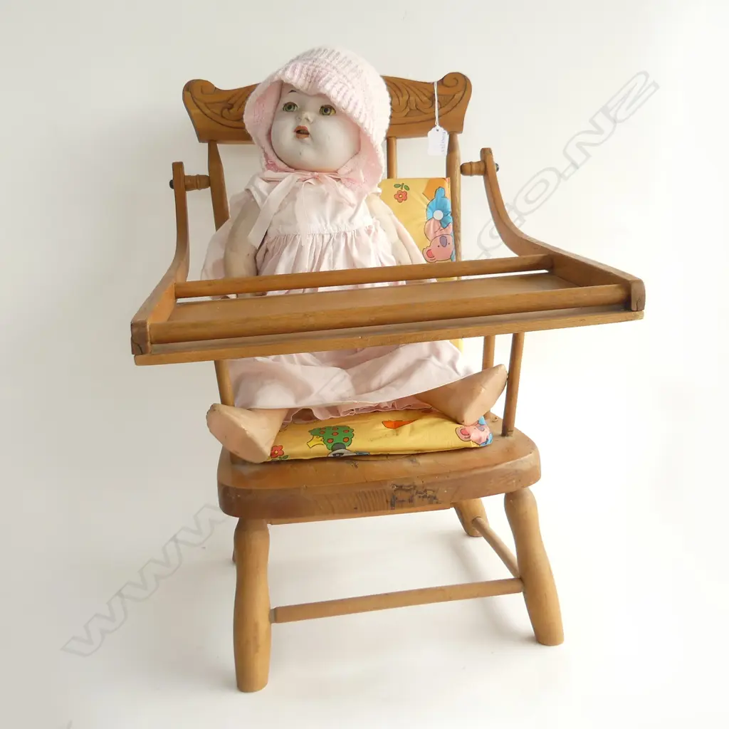 VINTAGE DOLL IN SPINDLE BACKED HIGHCHAIR Image 1++