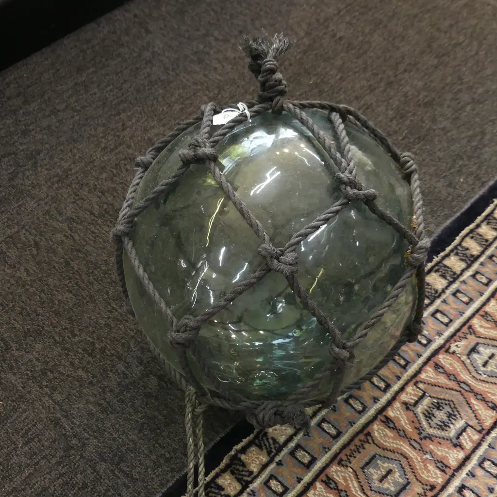 OLD GLASS FISHING FLOAT WITH GRAY NETTING Dia.300mm Image 1++