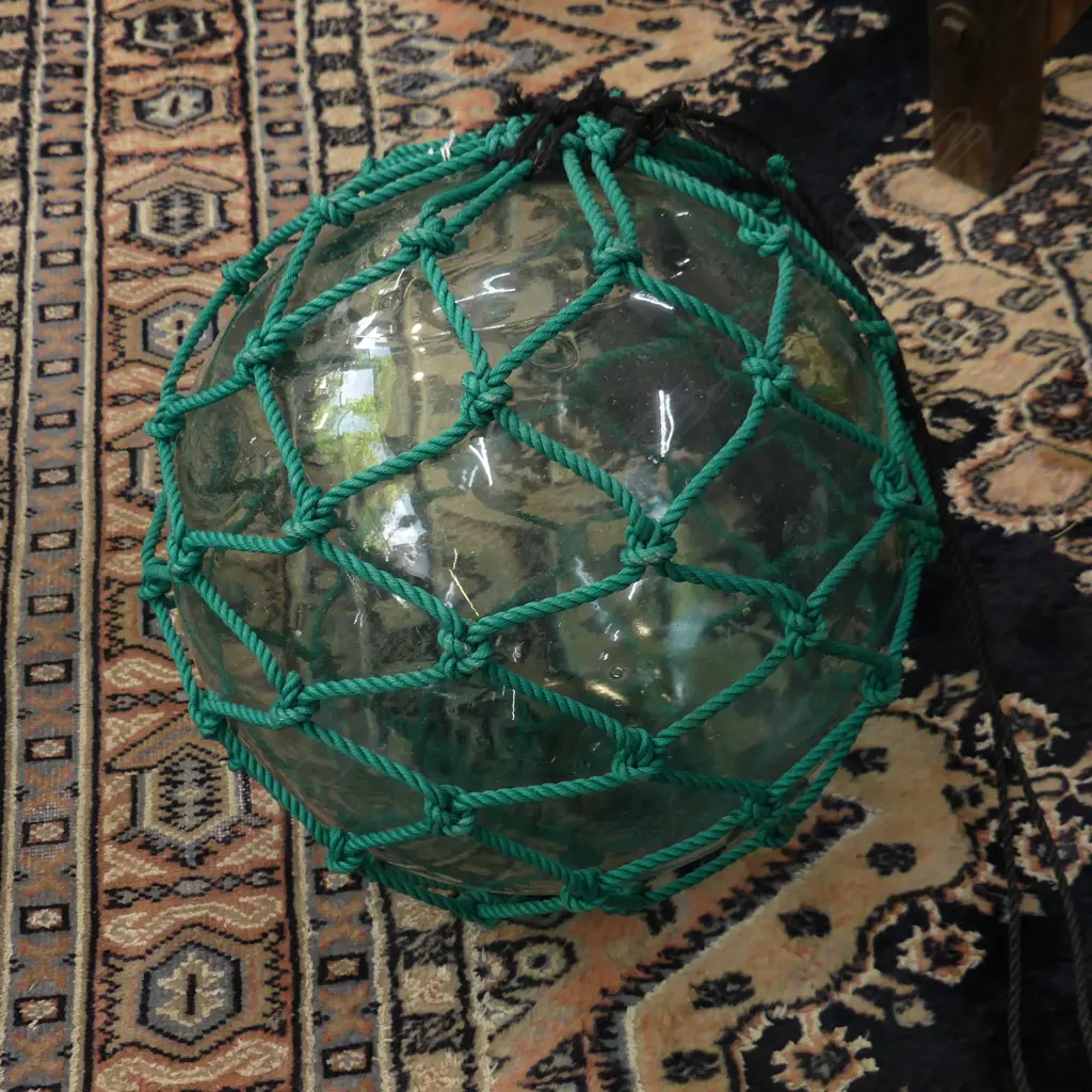 OLD GLASS FISHING FLOAT WITH GREEN NETTING Dia.300mm Image 1++