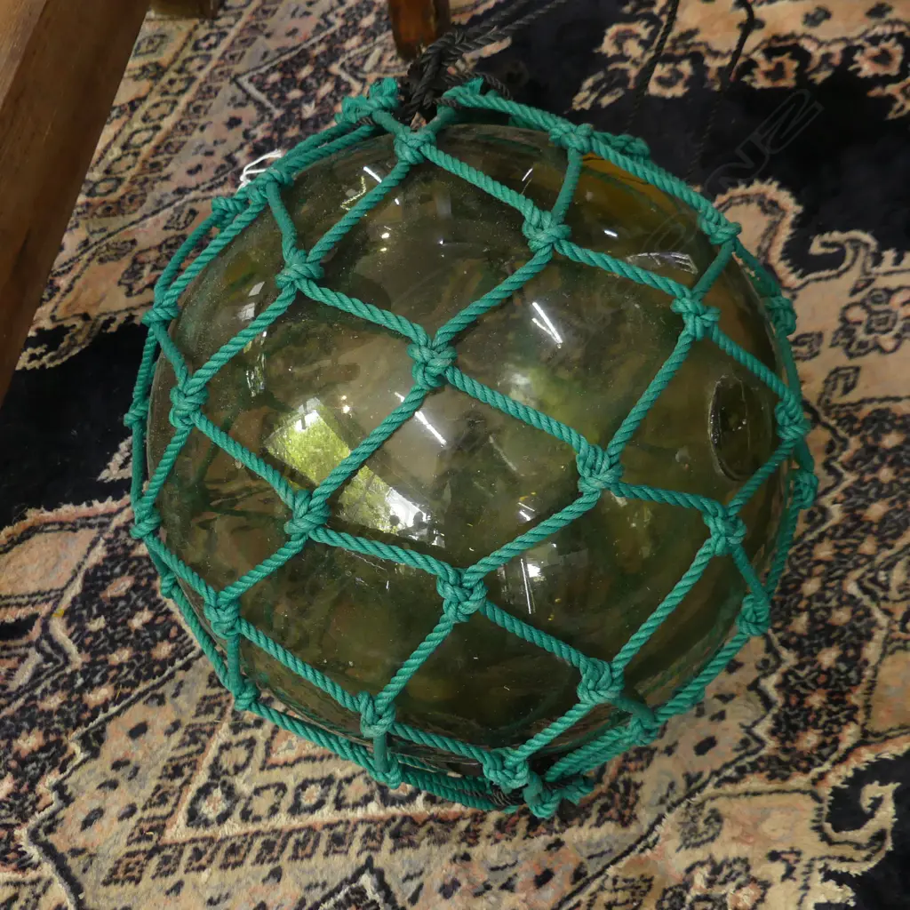 OLD GLASS FISHING FLOAT WITH GREEN NETTING Dia.300mm Image 1++