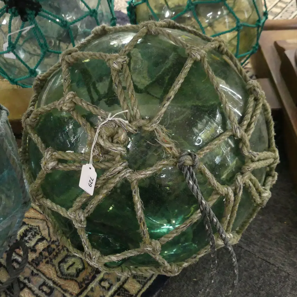 OLD GLASS FISHING FLOAT WITH NETTING Dia.350mm Image 1++