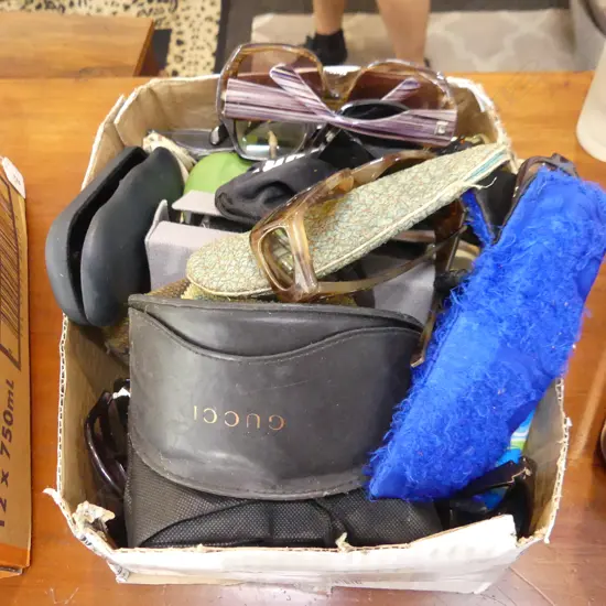 BOX LOT ASST OLD SUNGLASSES & PRESCRIPTION GLASSES, SOME IN CASES