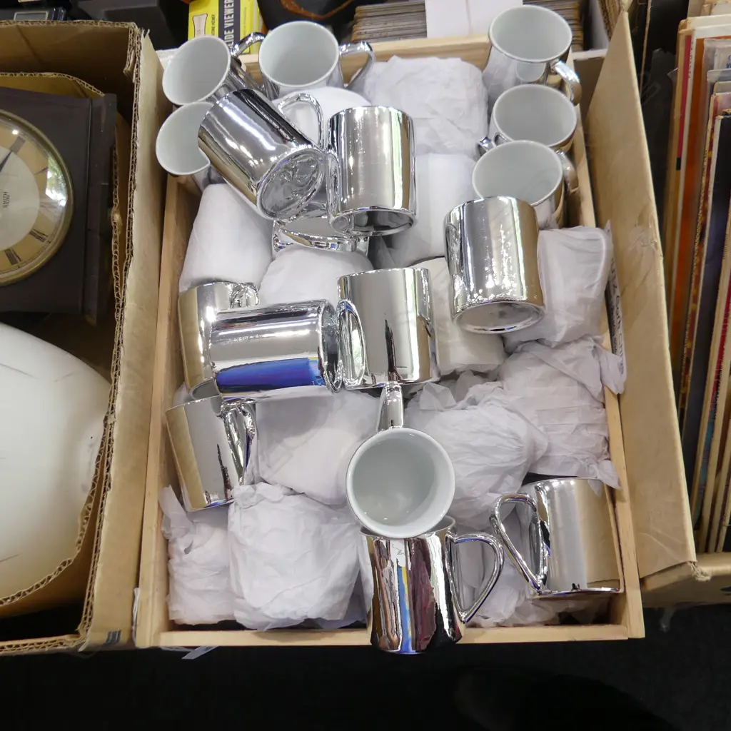 BOX LOT SILVER CERAMIC COFFEE CUPS Image 1++