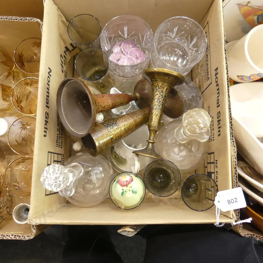 BOX LOT ASST. CRYSTAL TUMBLERS, PR SMALL DECANTERS ETC... Image 1++