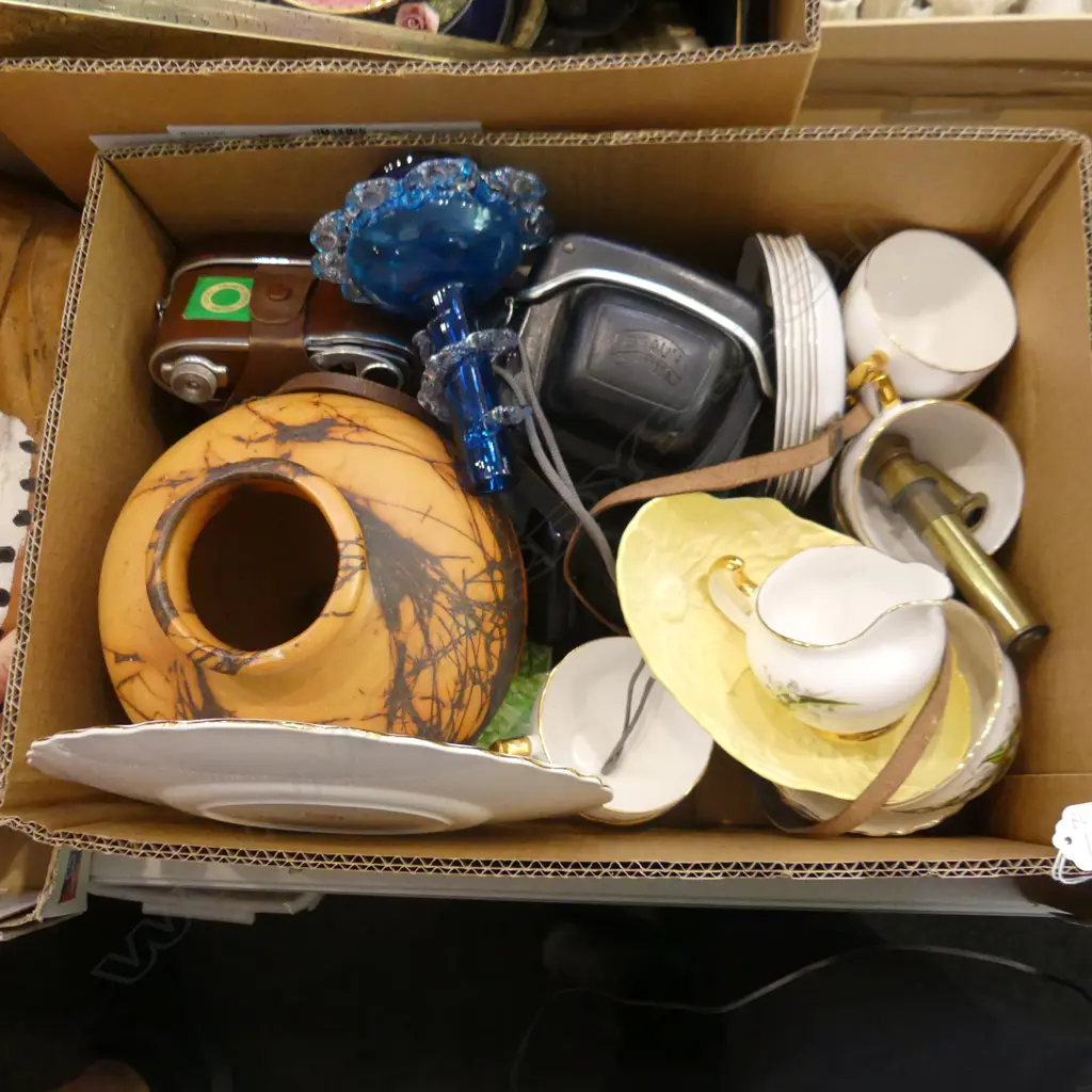 BOX LOT ASST. CHINA; TEA SET, CAMERAS ETC Image 1++