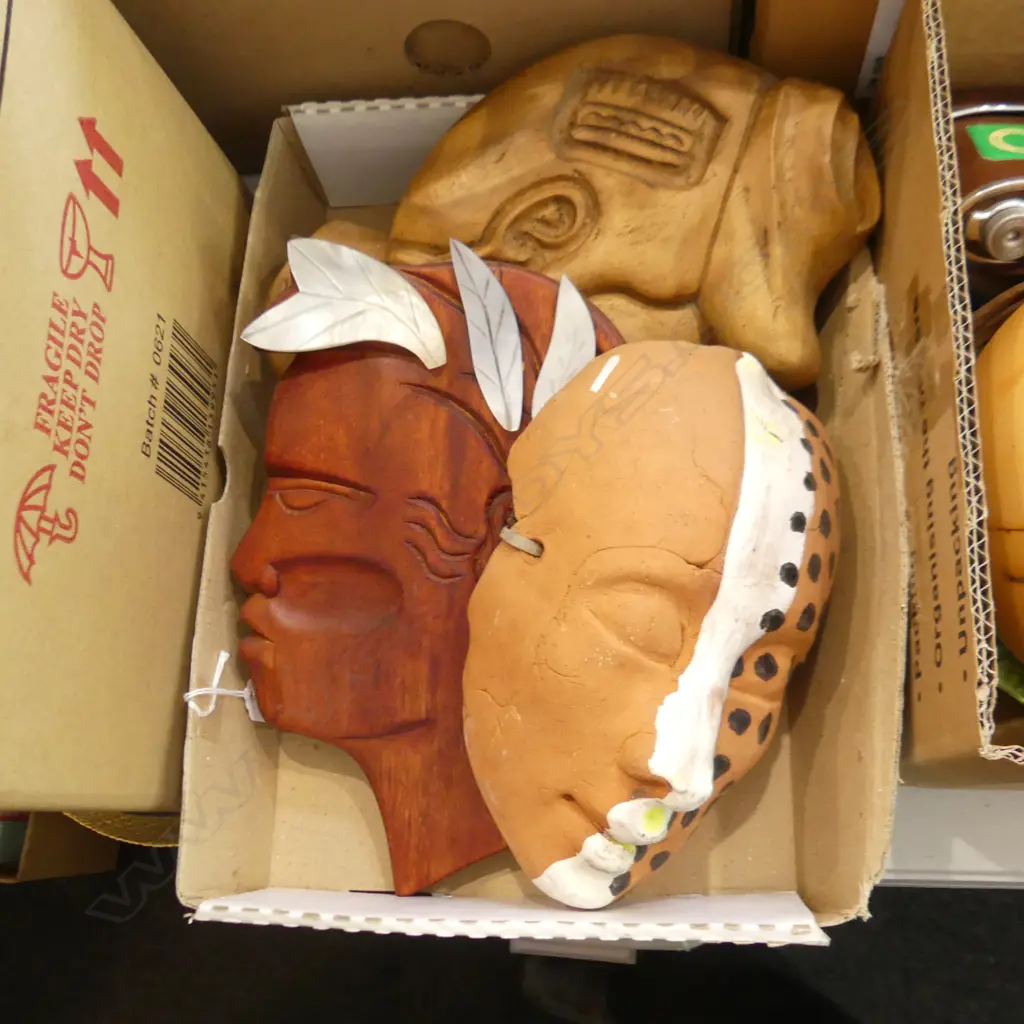 BOX  8 ASST WALL MASKS; WOODEN CARVED, POTTERY, CLAY, ETC.. Image 1++