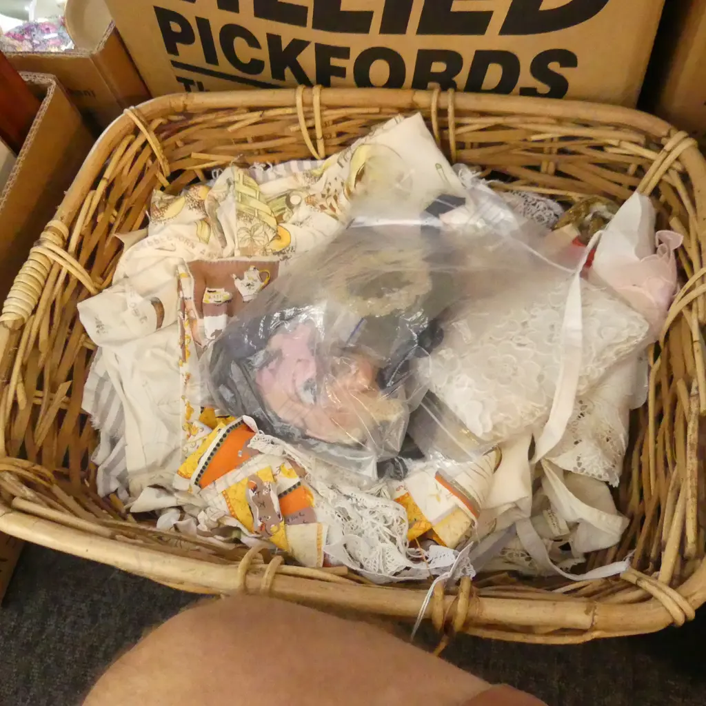 BIG BASKET ASST FABRIC, LACE, INSIGNIAS, OSTRICH & OTHER FEATHERS ETC. Image 1++