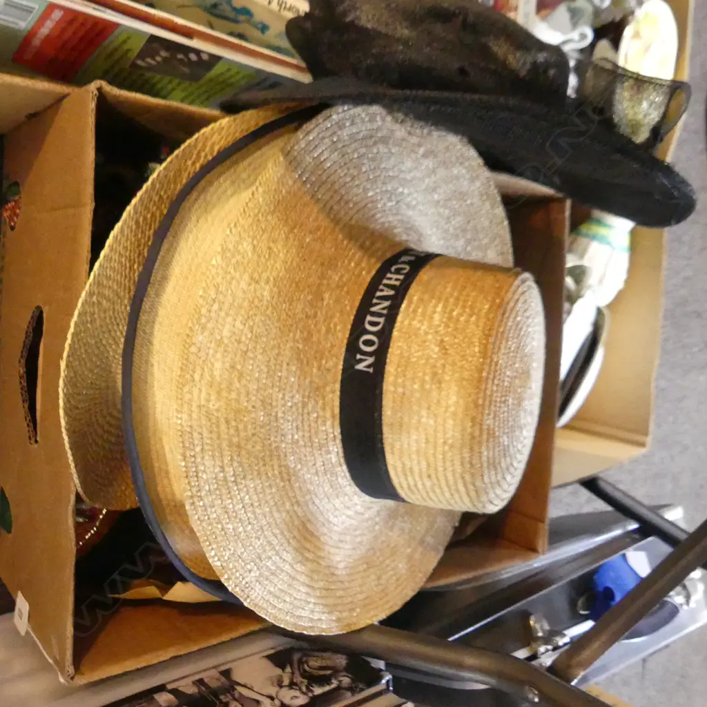 BOX LOT STRAW HATS, INDIAN SARI & PR BEADED HEELS, WOODEN BOX Image 1++