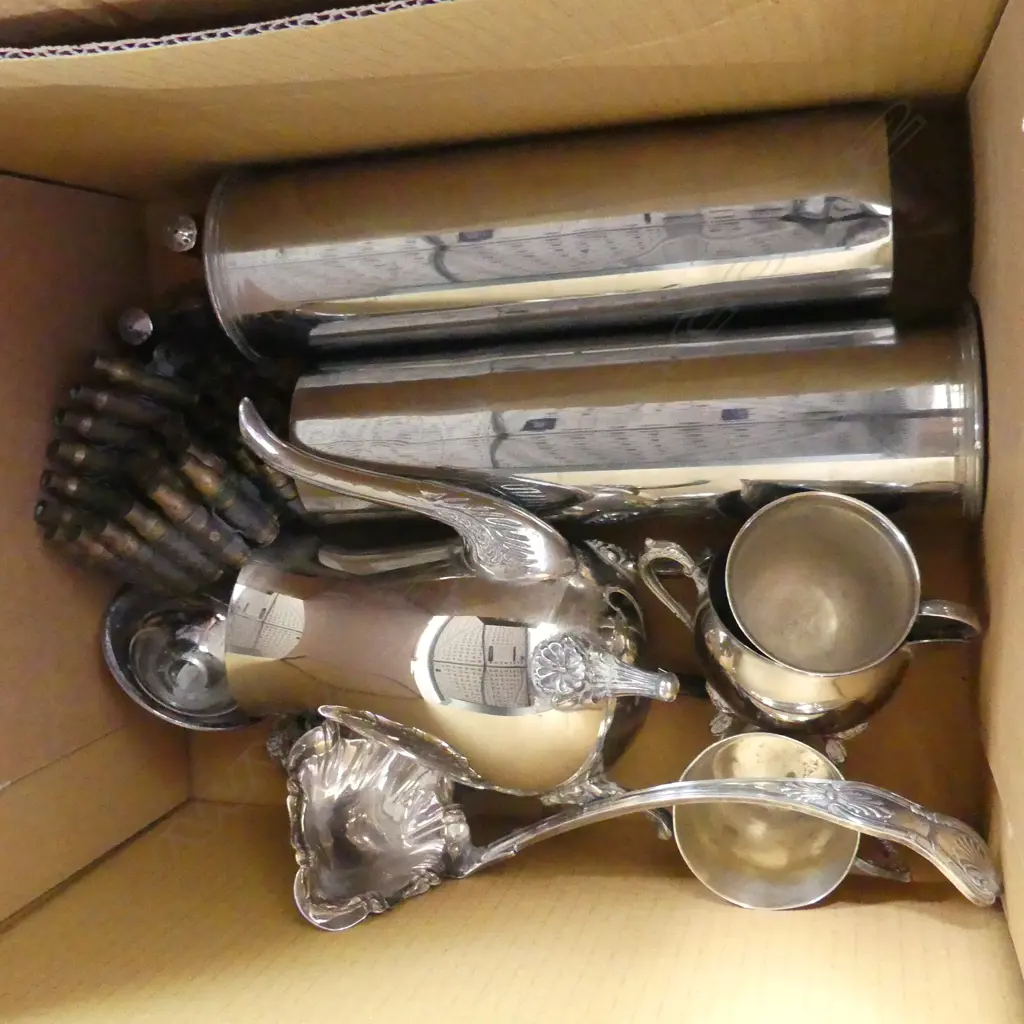 BOX ASST INCL. SILVER PLATE LADLE, COFFEE POT ETC PLUS SHELL CASINGS, BULLET BELT ETC.. Image 1++