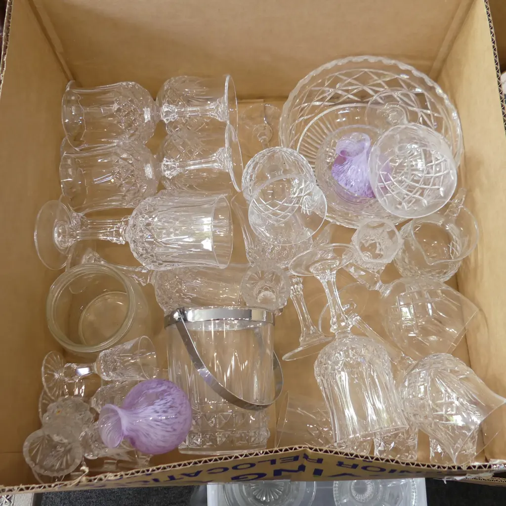 BIG GOOD BOX LOT ASST CRYSTAL & GLASS INCL WINE GLASSES, ICE BUCKET ETC.. Image 1++