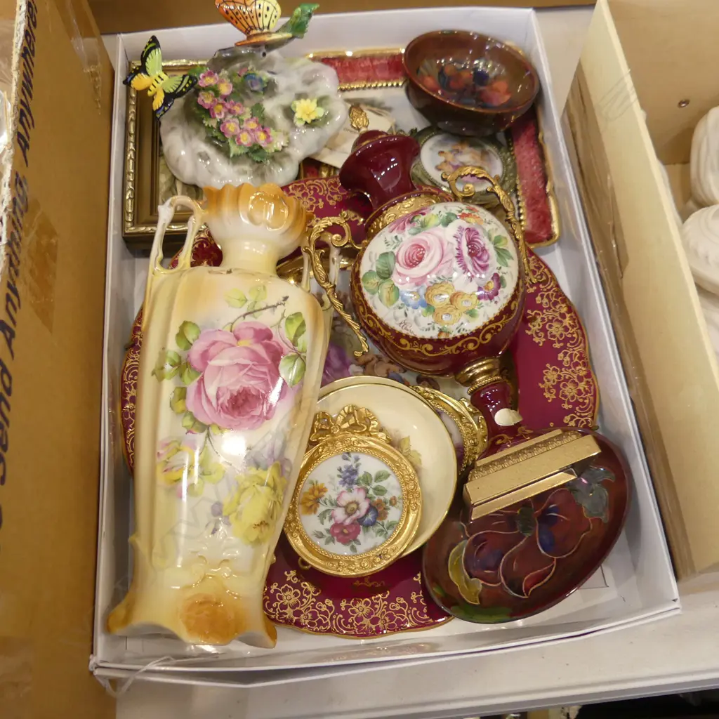 BOX LOT LIMOGES PLATE, 2 MOORCROFT PIN DISHES ETC Image 1++