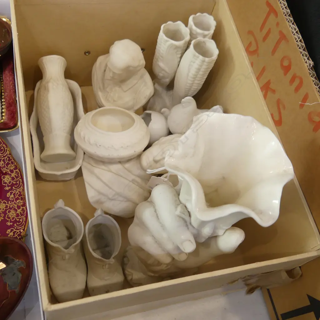 11 PCES ASST. PARIAN WARE; HAND VASE H.200mm (chip), 2 BUSTS, PR SHOES, ETC  Image 1++