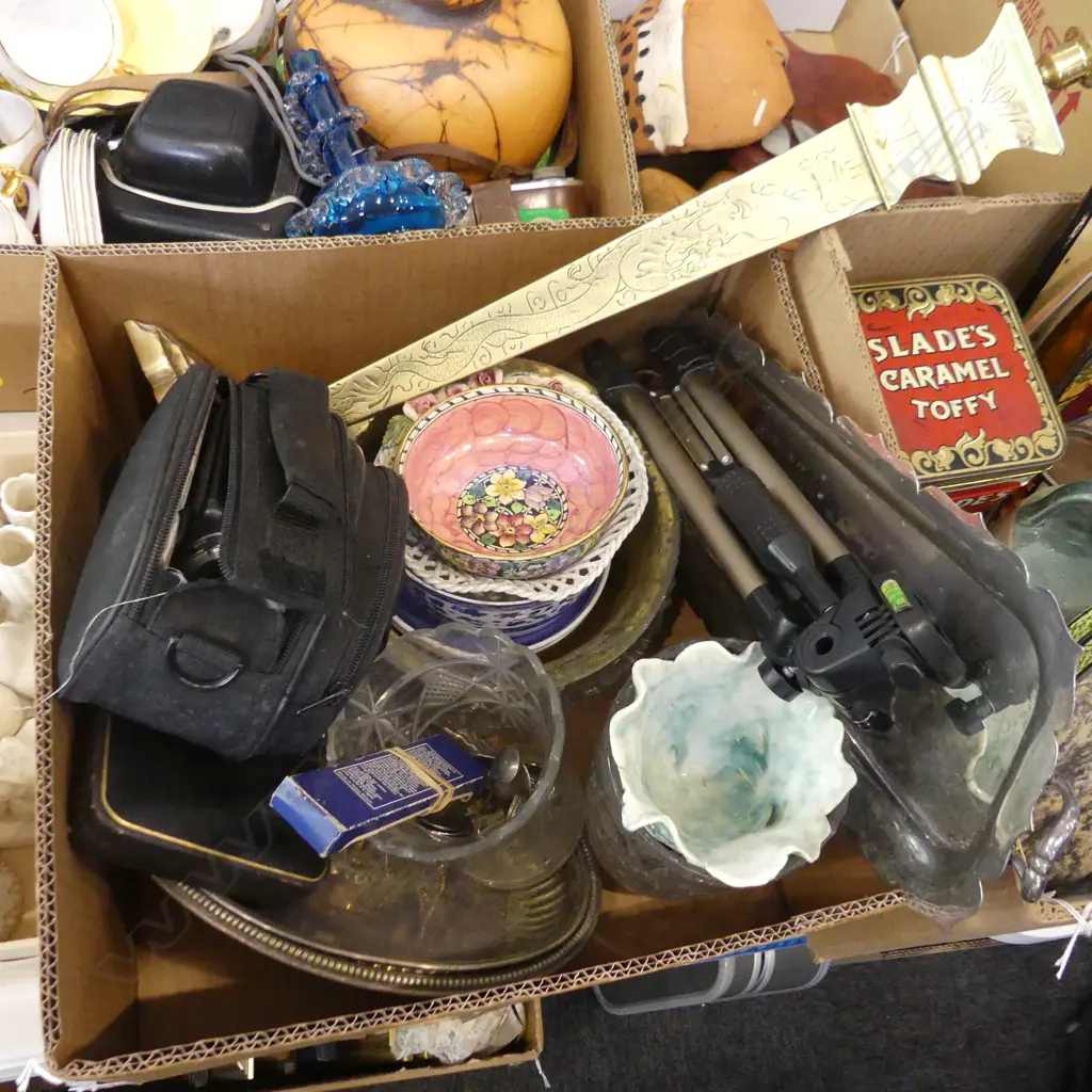 BOX LOT CARL ZEISS CAMERA, CRYSTAL, TALL BRASS CANDLESTICK ETC Image 1++