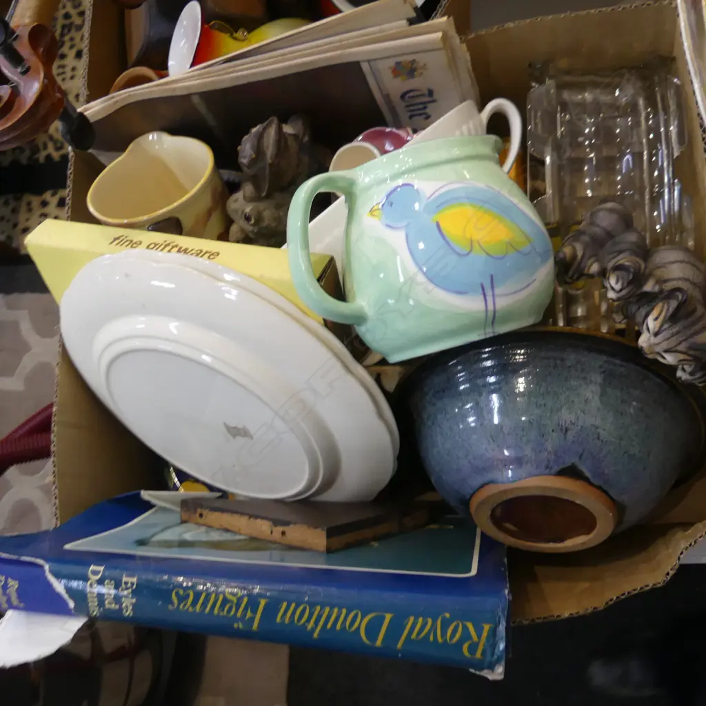 BOX LOT ASST. CHINA, CHARLES & DI MEMORABILIA, REF. BOOK 'ROYAL DOULTON FIGURES' ETC Image 1++