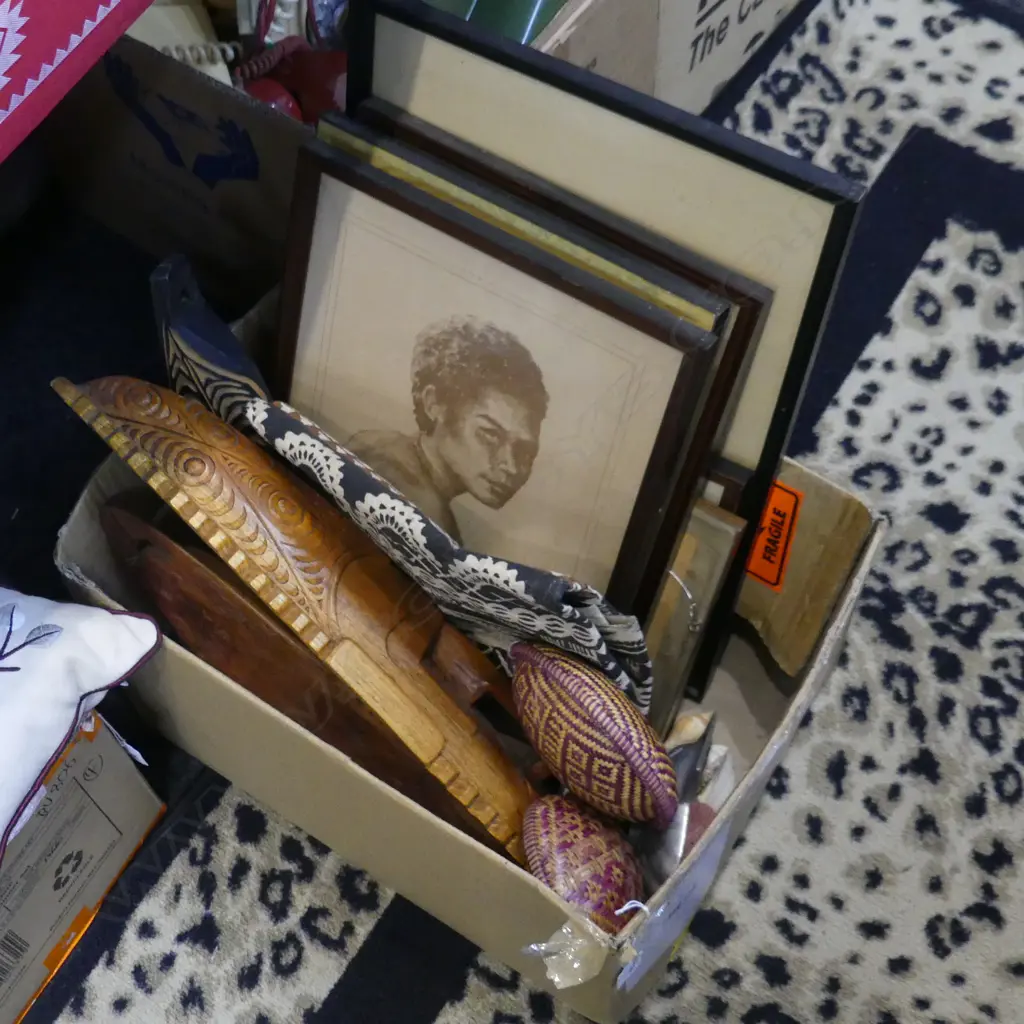 BOX LOT PNG PRINTS MASKS TAPA CLOTH ETC Image 1++