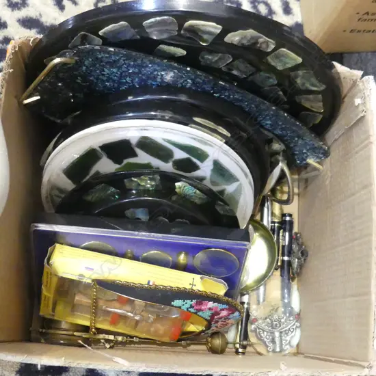 BOX LOT PAUA TRAYS, PENS, COINS ETC