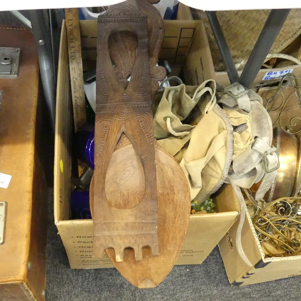 BOX LOT ENAMEL COFFEE POTS RUCKSACK & WOOD ITEMS Image 1++