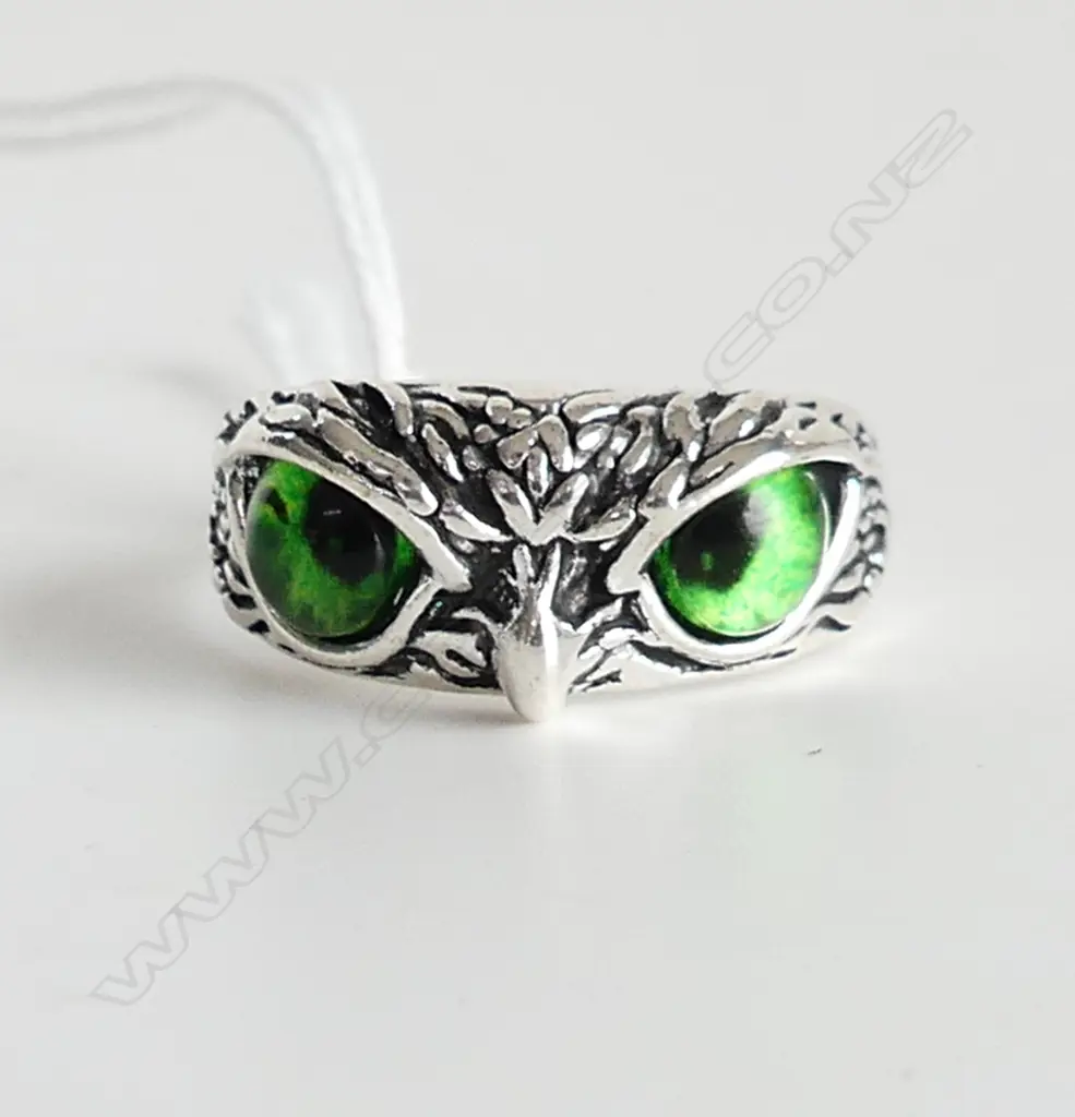 925 SILVER ADJUSTABLE RING WITH GREEN OWL EYES  Image 1++