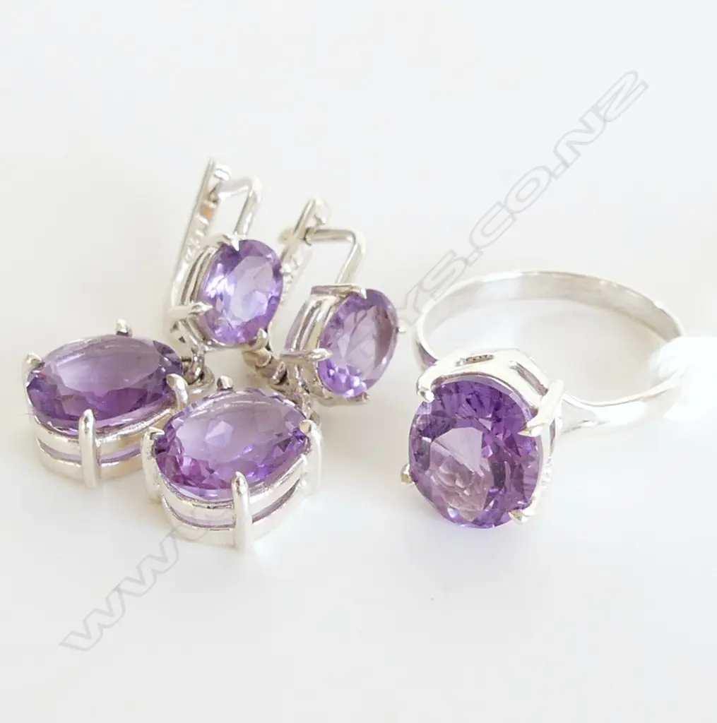 3 PC SET - AMETHYST & 925 SILVER RING & DROP EARRINGS  Image 1++