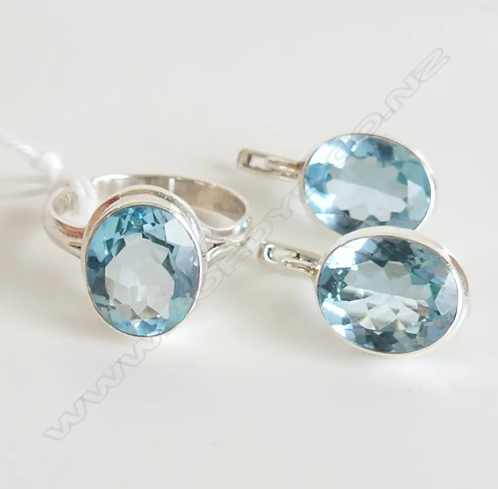3 PC SET; BLUE TOPAZ & 925 SILVER RING & DROP EARRINGS Image 1++