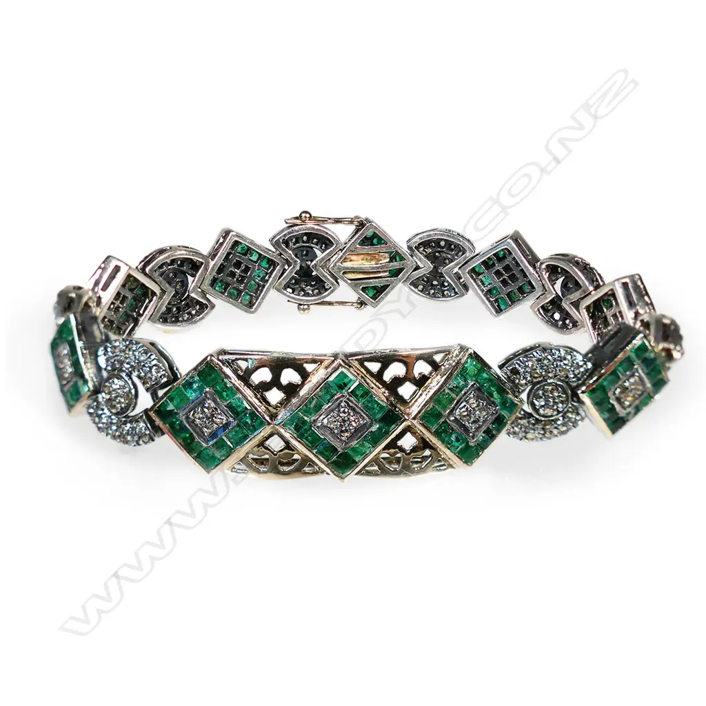 SILVER AND GOLD DIAMOND AND EMERALD BRACELET (one emerald missing) Image 1++