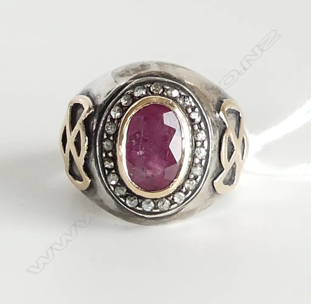 SILVER AND GOLD RUBY AND DIAMOND RING SIZE P 1/2 Image 1++