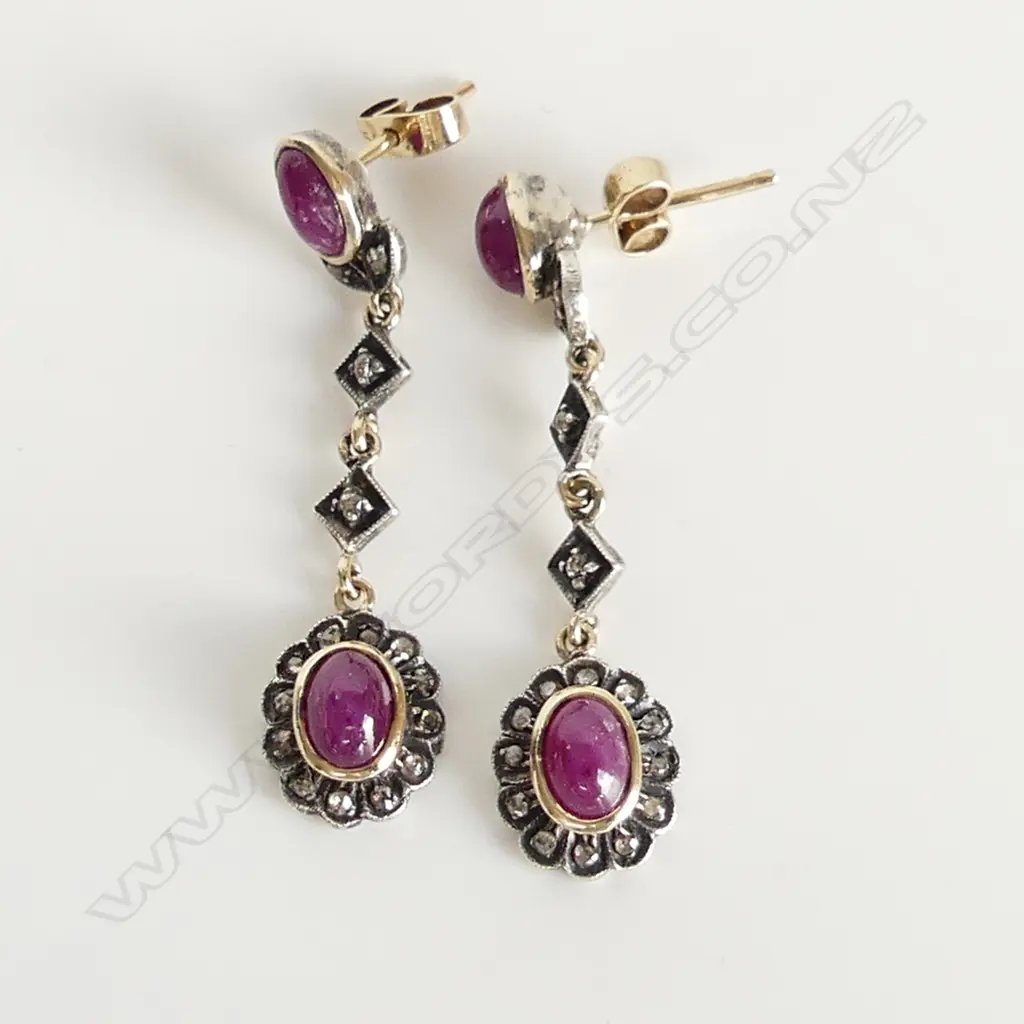 PAIR SILVER AND GOLD RUBY AND DIAMOND EARRINGS  Image 1++