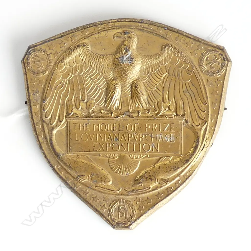 1904  'MODEL OF PRIZE LOUISIANA PURCHASE EXHIBITION'  GILT METAL BADGE H.72mm Image 1++